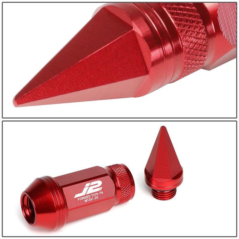 J2 Engineering LN-T7-022-125-RD 20Pcs M12 x 1.25 7075-T6 Aluminum 80mm Spiked Cap Lug Nut w/Socket Adapter (Red) - Image 4